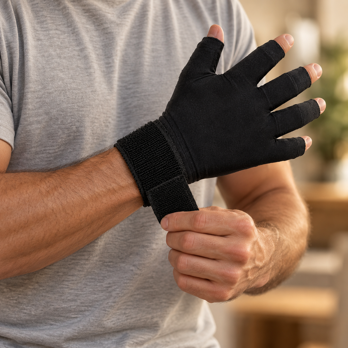 Man fastening the wrist strap of the Palm Calm Glove